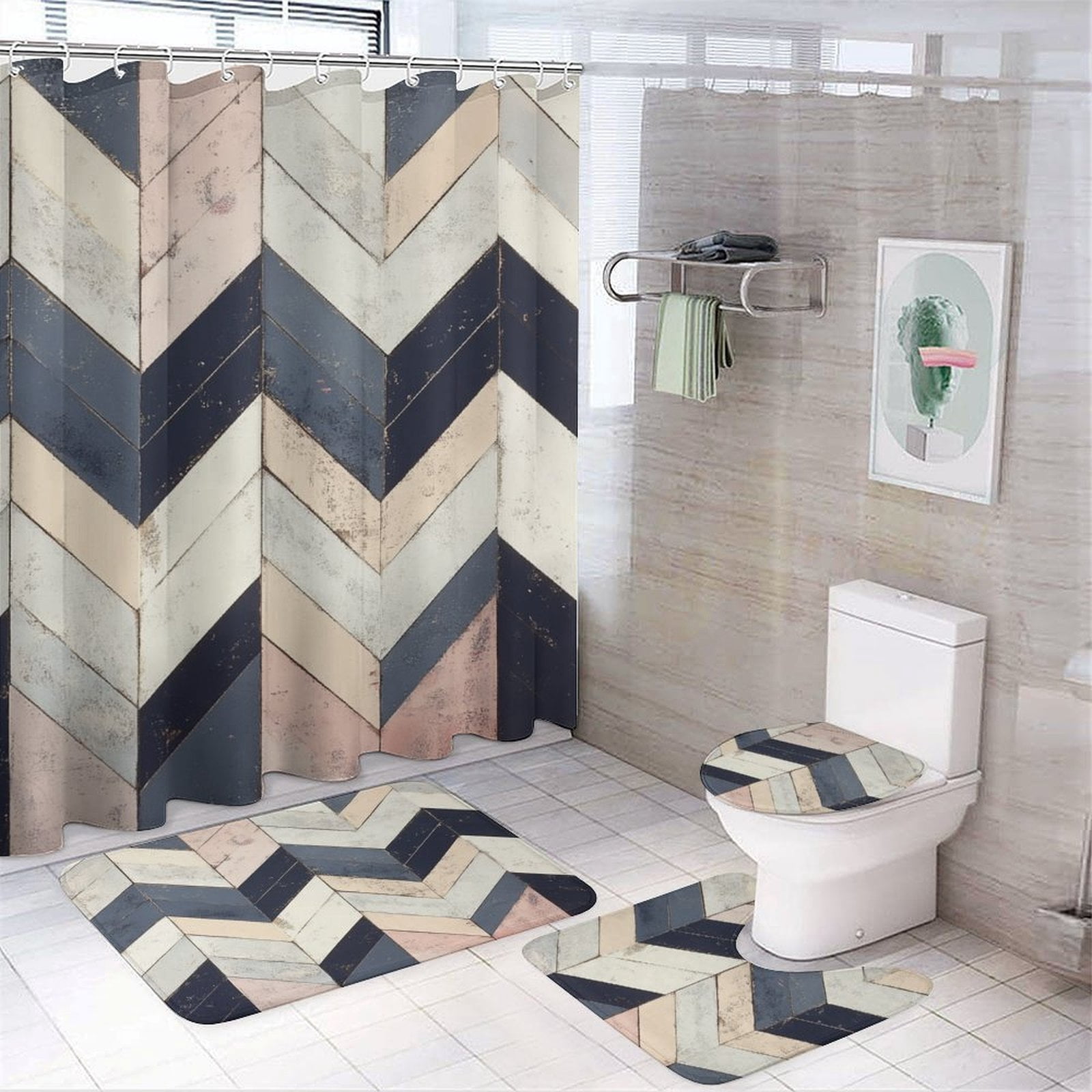 4Pcs Shower Curtain Set with Rugs with Rugs Toilet Lid Cover And Bath ...