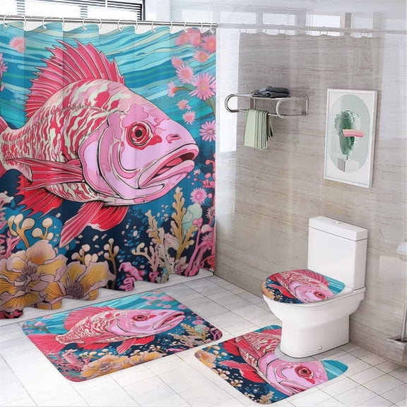4Pcs Shower Curtain Set with Rugs with Rugs Toilet Lid Cover And Bath Mat Pink Fish Waterproof Fabric Bath Curtain Fish Swimming Animals Wildlife Goldfish for Bathroom Decor