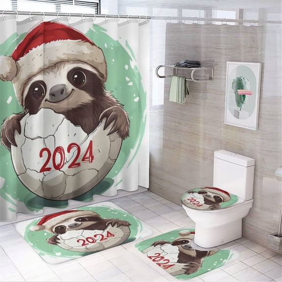 4Pcs Shower Curtain Set with Rugs Sloth Peeking Out of The Egg Bathroom Sets with Curtain Rug Toilet Cover And U Shaped Mat Cute Sloths Adorable Cartoon Animal 12 Hooks 72inch X 72inch