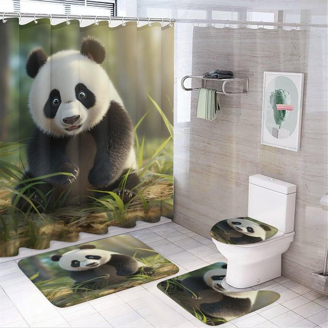 4Pcs Shower Curtain Set with Rugs with Rugs Toilet Lid Cover and Bath