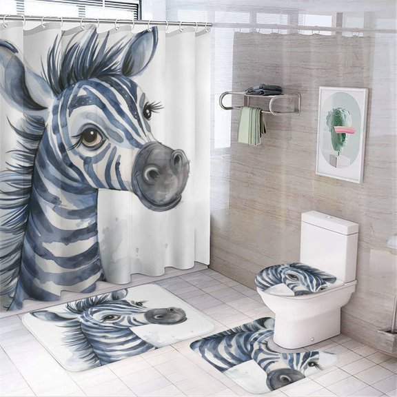 4Pcs Shower Curtain Set with Rugs Watercolor Illustration Of Zebra with Non-Slip Rugs Toilet Lid Cover And Bath Mat Zebra Animals Wildlife 12 Hooks for Bathroom Decor 72inch X 72inch
