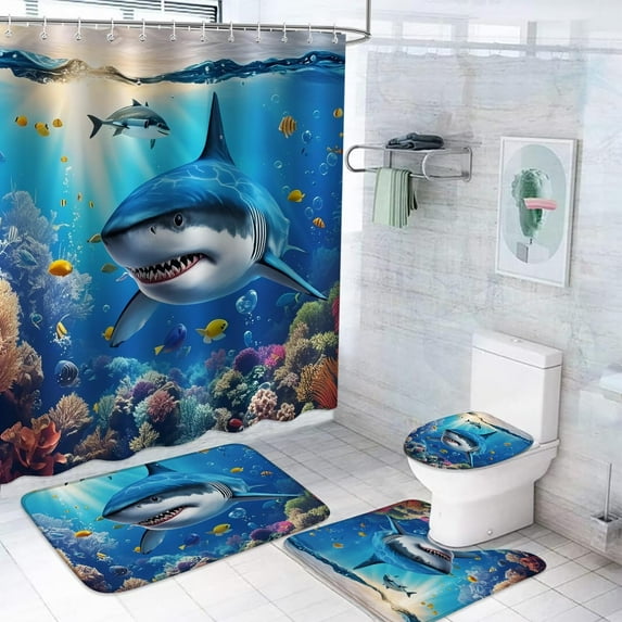 4Pcs Shower Curtain Set, Shark Blue Ocean Themed Bathroom Shower Curtain with Rugs and Accessories,with Non-Slip Rugs, Toilet Lid Cover and Bath Mat for Bathroom Decor Set