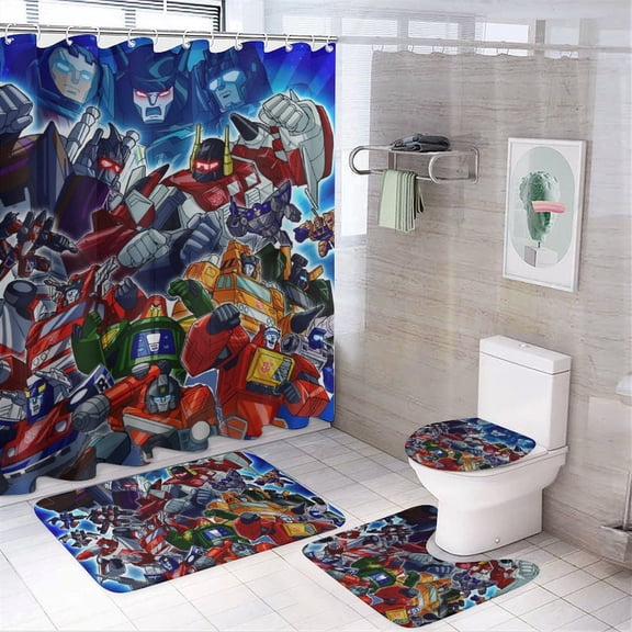 4Pcs Shower Curtain Set,Transformers Bathroom Curtain Set with Non-Slip Rugs Toilet Lid Cover and Bath Mat 72" x 72"
