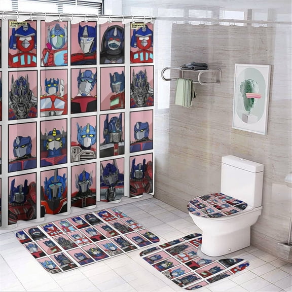 4Pcs Shower Curtain Set,Transformers Bathroom Curtain Set with Non-Slip Rugs Toilet Lid Cover and Bath Mat 72" x 72"