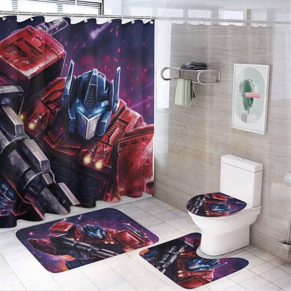 4Pcs Shower Curtain Set,Transformers Bathroom Curtain Set with Non-Slip Rugs Toilet Lid Cover and Bath Mat 72" x 72"