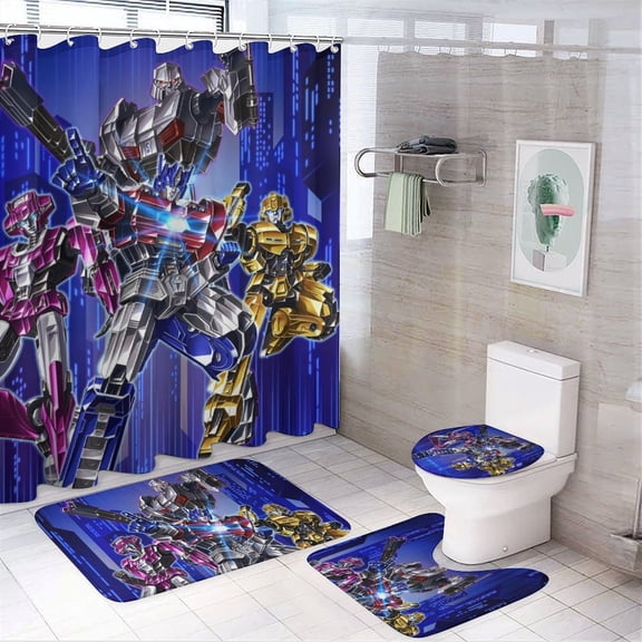 4Pcs Shower Curtain Set,Transformers Bathroom Curtain Set with Non-Slip Rugs Toilet Lid Cover and Bath Mat 72" x 72"