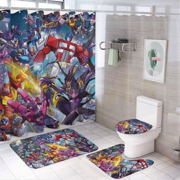 4Pcs Shower Curtain Set,Transformers Bathroom Curtain Set with Non-Slip Rugs Toilet Lid Cover and Bath Mat 72" x 72"