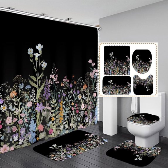 4Pcs Shower Curtain Sets Black and Gold Marble Bathroom Sets with Shower Curtain and Rugs and Accessories Luxury Bathroom Curtain Decor Sets with 12 Hooks