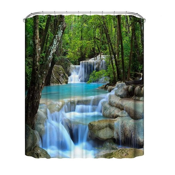4Pcs Shower Curtain Sets, Natural Scenery Spring Forest Waterfall Waterproof Bathroom Sets with Shower Curtain and Rugs Toilet Cover and Bath Mat, 12 Plastic Hooks