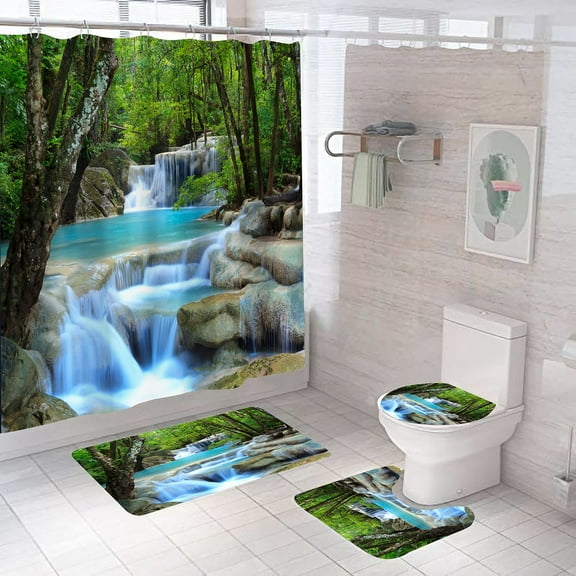 4Pcs Shower Curtain Sets, Natural Scenery Spring Forest Waterfall Waterproof Bathroom Sets with Shower Curtain and Rugs Toilet Cover and Bath Mat, 12 Plastic Hooks