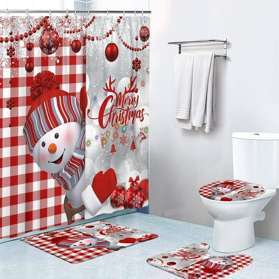 4Pcs Shower Curtain Sets, Red Christmas Snowman Bathroom Decor Set with ...