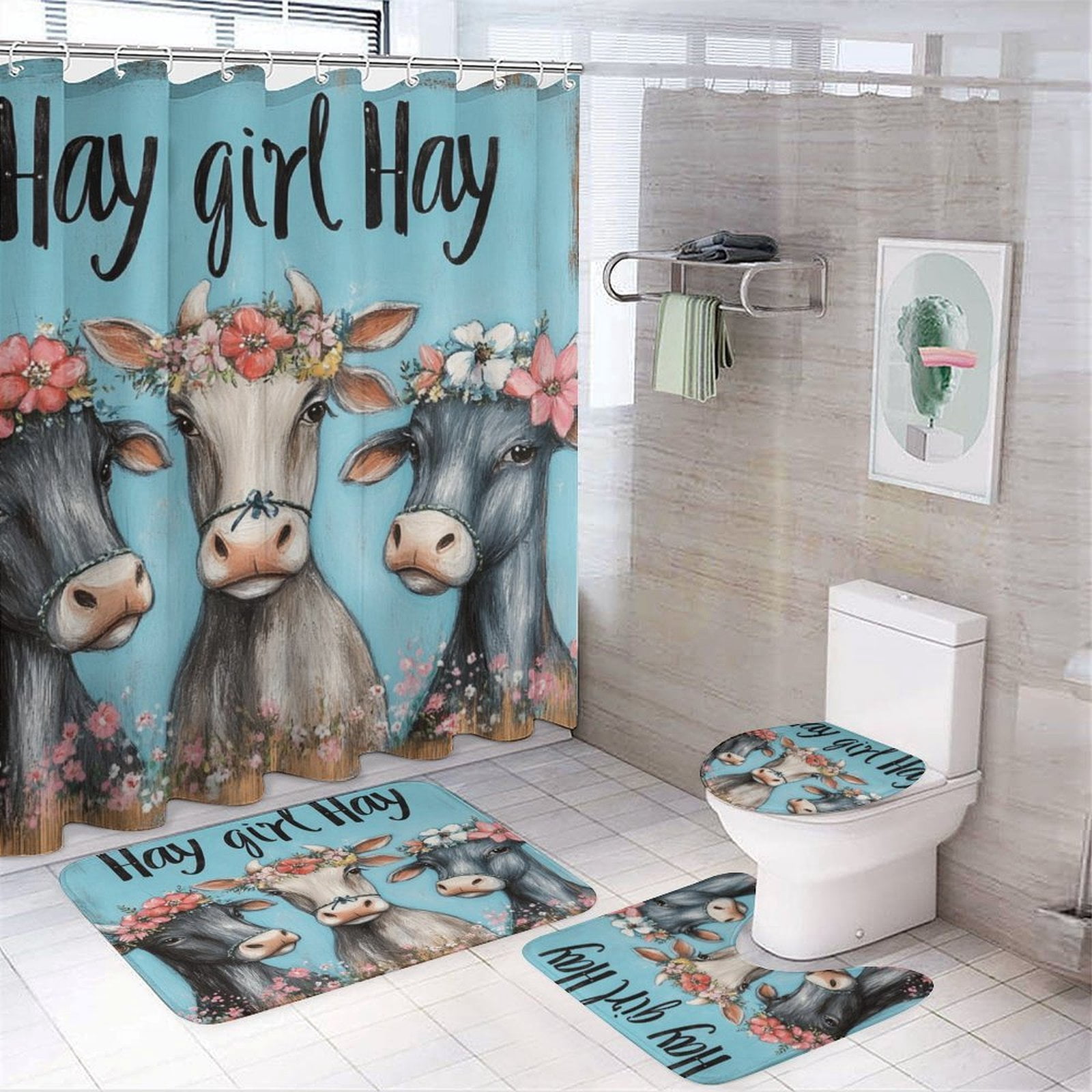 4Pcs Shower Curtain Sets with Rugs Bath Mat U-Shaped Floor Mat Toilet
