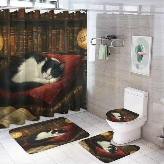 4Pcs Shower Curtain Sets with Rugs Funny Cartoon Bookshelf Sleeping Cat Shower Curtain Set with Shower Curtain And Rugs 4 Piece for Book Gifts 12 Hooks for Bathroom Decor 72inch X 72inch