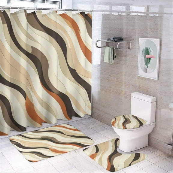 4Pcs Shower Curtain Sets with Rugs Modern Abstract Grey And Brown Striped Shower Curtain And Rugs Shower Curtain Set Mid Century Modern Bathroom Decor Set for Bathroom Decor 72inch X 72inch