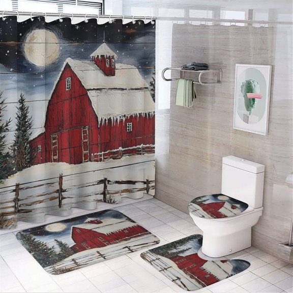 4Pcs Shower Curtain Sets with Rugs Non-Slip Rugs And Toilet Mat Lid Rug Accessories Red Barn Snowy Winter Scene Waterproof Fabric Bath Curtains Red Farm House Decorative for Bathroom Decor