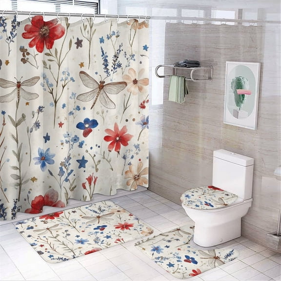 4Pcs Shower Curtain Sets with Rugs Patriotic America USA Flowers Non-Slip Rugs And Toilet Mat Lid Rug Accessories Patriotic American Star Flower 12 Plastic Hooks for Bathtub Decor 72inch X 72inch