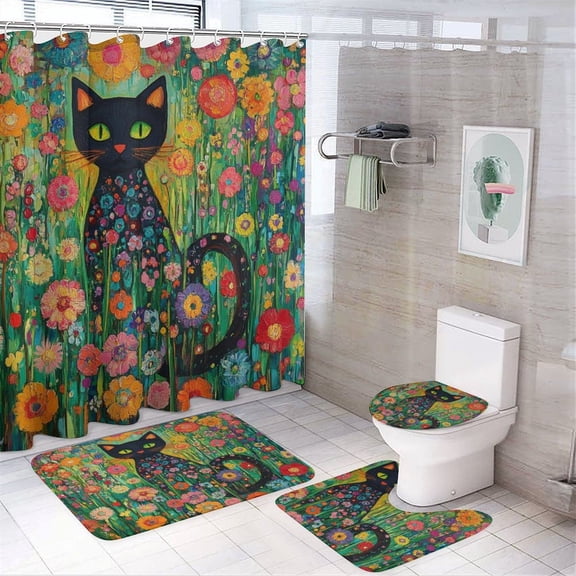 4Pcs Shower Curtain Sets with Rugs Shower Curtain And Rugs Shower Curtain Set Spring Cat Colorful Floral Durable And Waterproof Colorful Flower Cat for Bathroom Decor