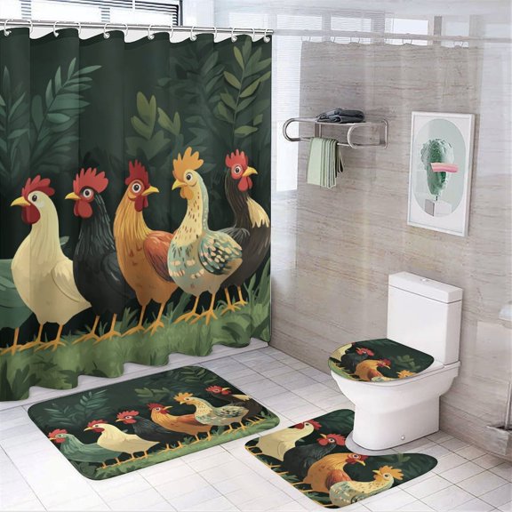 4Pcs Shower Curtain Sets with Rugs Shower Curtain Set with Non-Slip Rugs Toilet Lid Cover And Bath Mat Group of Chickens Durable And Waterproof Funny Farm Farmhouse Chicken for Bathtub Decor