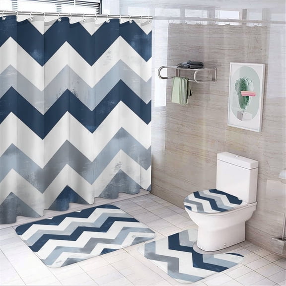4Pcs Shower Curtain Sets with Rugs Shower Curtain Set with Non-Slip Rugs Toilet Lid Cover And Bath Mat White And Blue Chevron Durable And Waterproof Chevron Stripe for Bathroom Decor Sets