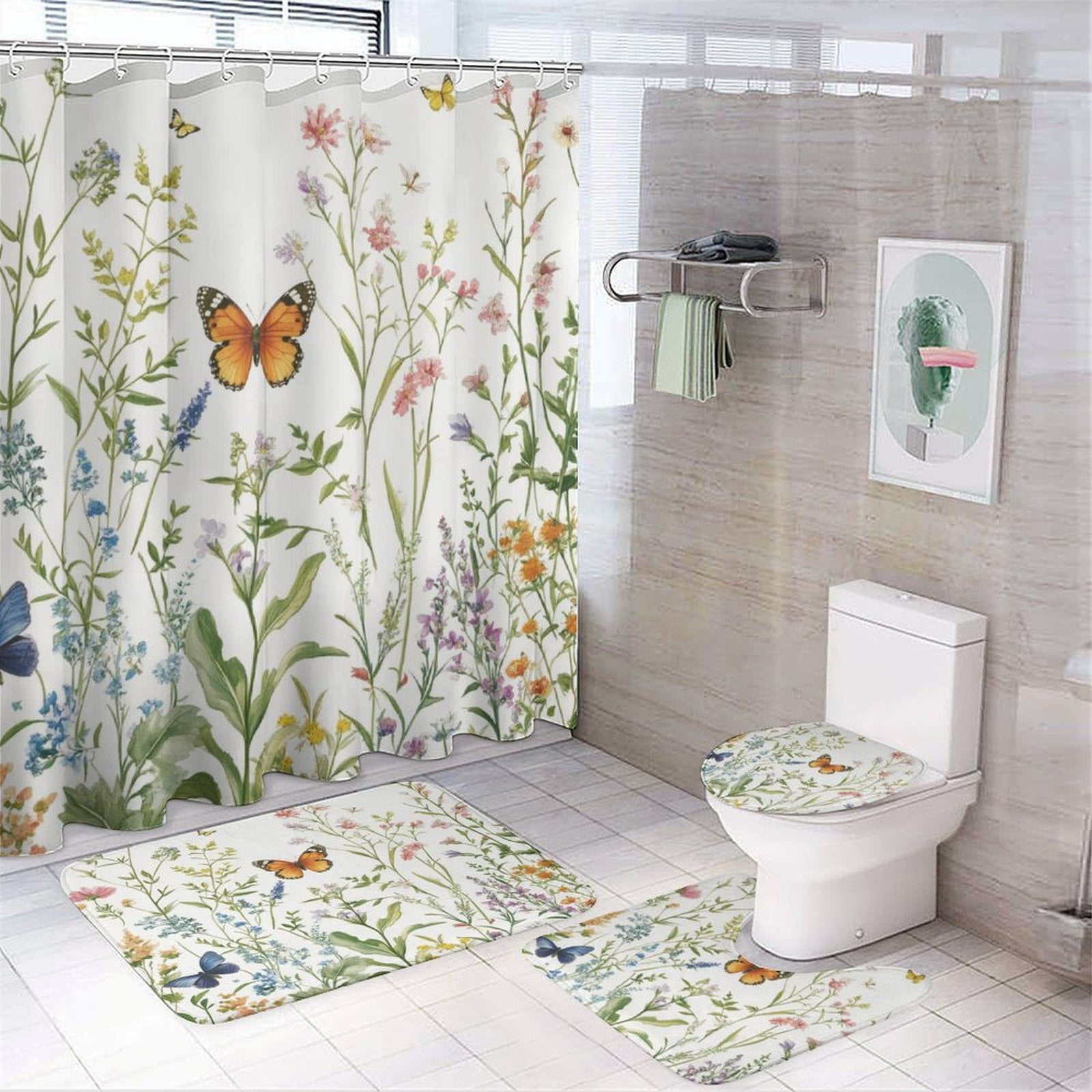 4Pcs Shower Curtain Sets with Rugs Shower Curtain Set with Rugs Sage Green Wild Flower Plant Waterproof Personality Pattern Bath Curtains Sage Green Herb Wildflower Botanical Plant for Bathroom Decor