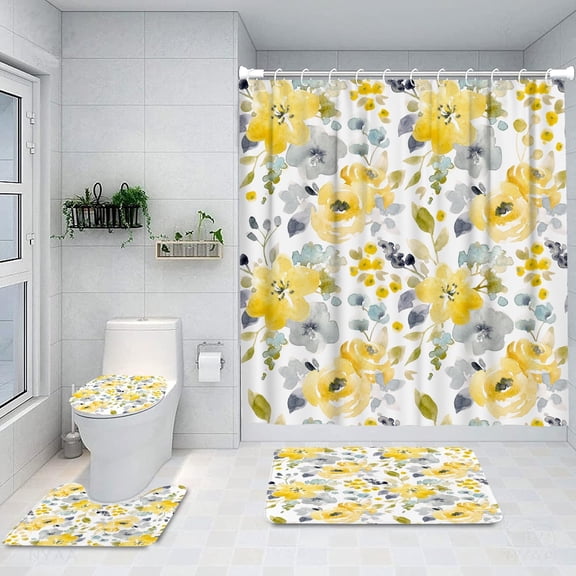 4Pcs Shower Curtain Sets, Yellow and Grey Watercolor Flowers Bathroom Decor Set with Rugs and Accessories, Bathroom Decor Sets, 72 X 72 Inches