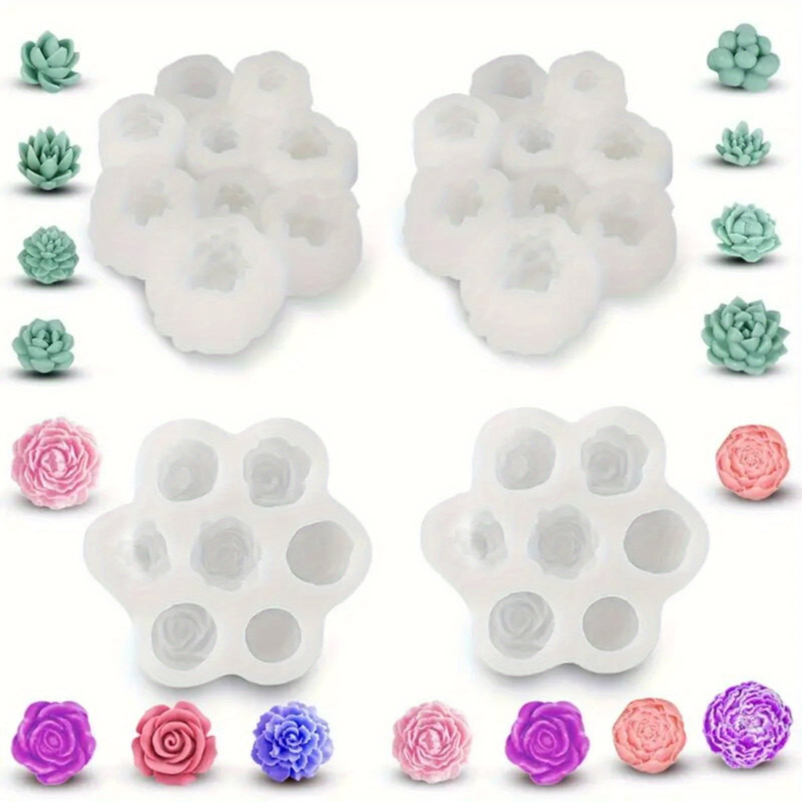4Pcs Silicone Resin Molds, 7 Cavity 3D Flower & Succulent Resin Casting Molds, DIY Candle Molds, Soap Molds for Scented Candles Soaps Making, Wax, Resin Casting, Home Decoration