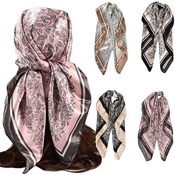 4Pcs Silk Head Scarves for Women Satin Hair Scarf 35”Large Square Bandana Silk Like Neck Scarf Shawl