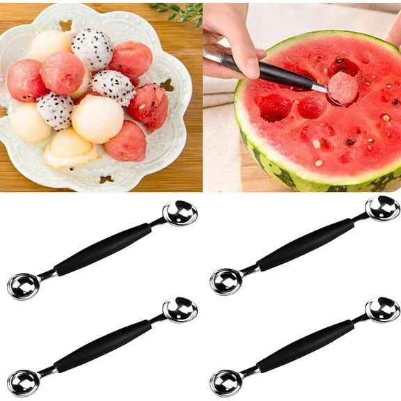 4Pcs Silver 2 in 1 Stainless Steel Melon Ballers Melon Scoop,Double-Sided Fruit Melon Baller Spoon, Suitable Watermelon Cantaloupe Ice Cream Comfortable Non-Slip Grip, Melon Ballers