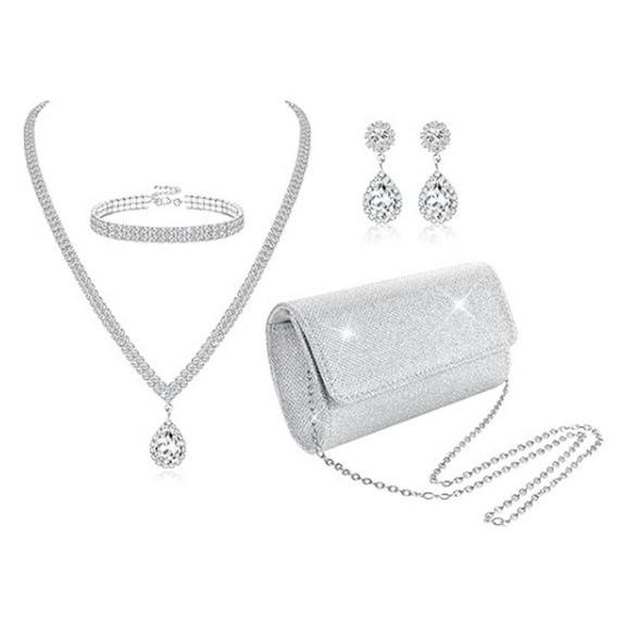 4Pcs Silver Clutch Purse Jewelry Set for Women Evening Rhinestone Purse Crystal Necklace Earrings Bracelets Set Silver Accessories for Women Bride Wedding Jewelry