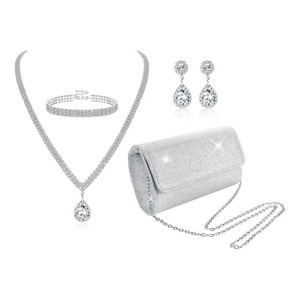 4Pcs Silver Clutch Purse Jewelry Set for Women Evening Crystal Necklace Earrings
