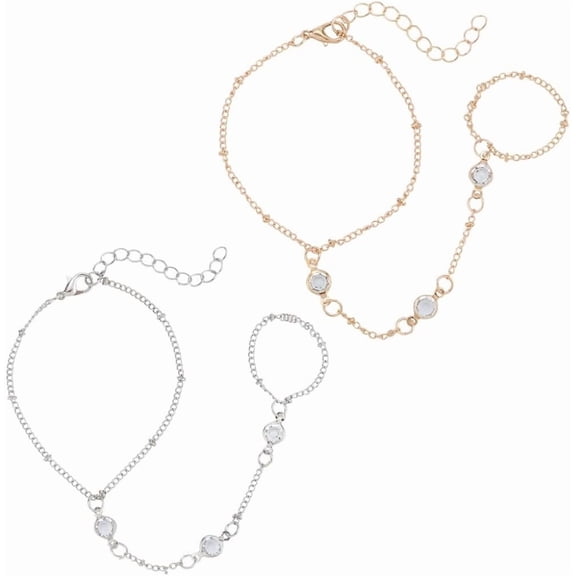4Pcs Silver Gold Rhinestone Finger Ring Bracelet Summer Boho Beaded Adjustable Link Stack Hand Chain Bracelets Trendy Jewelry Set Bulk for Women Costume Party Bridal Wedding Accessories for DIY