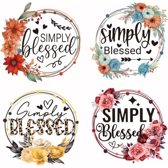 4Pcs Simply Blessed Iron on Transfer Paper Wreath of Blessings Heat Transfer Sticker Iron-on Decals DTF Transfers Ready to Press