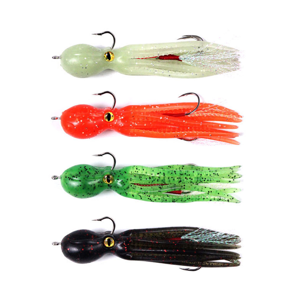 4-Pack Large Simulation Squid Fishing Lures With 3D Holographic Eyes & Treble Hooks | Topwater Saltwater/Freshwater
