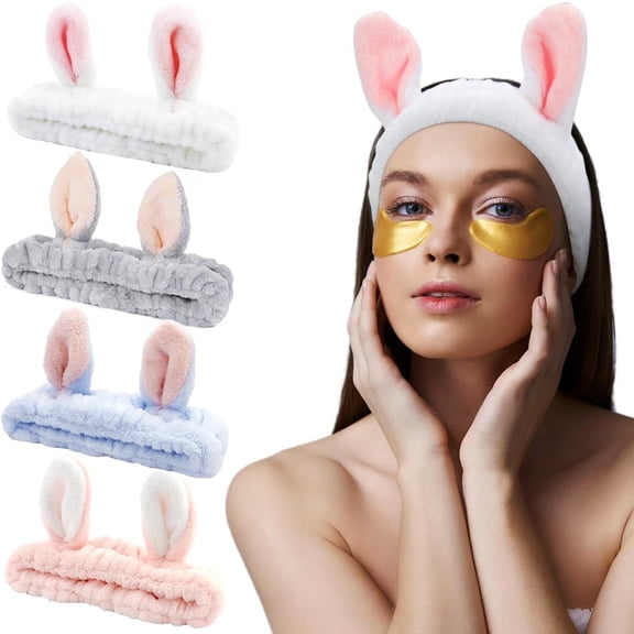 4Pcs Skin Care Headbadns Fuzzy Bunny Ears Headband for Washing Face Makeup Cute Headbands Coral Fleece Elastic Hair Band Easter Bunnies Cosmetic