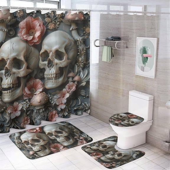 4Pcs Skull Art Shower Curtain Set with Rugs, Toilet Lid Cover and Bath Mat, Fantasy Wing Mushroom Mystery Gothic Floral Bathroom Curtains Decor Shower Curtains, 72" x 72"