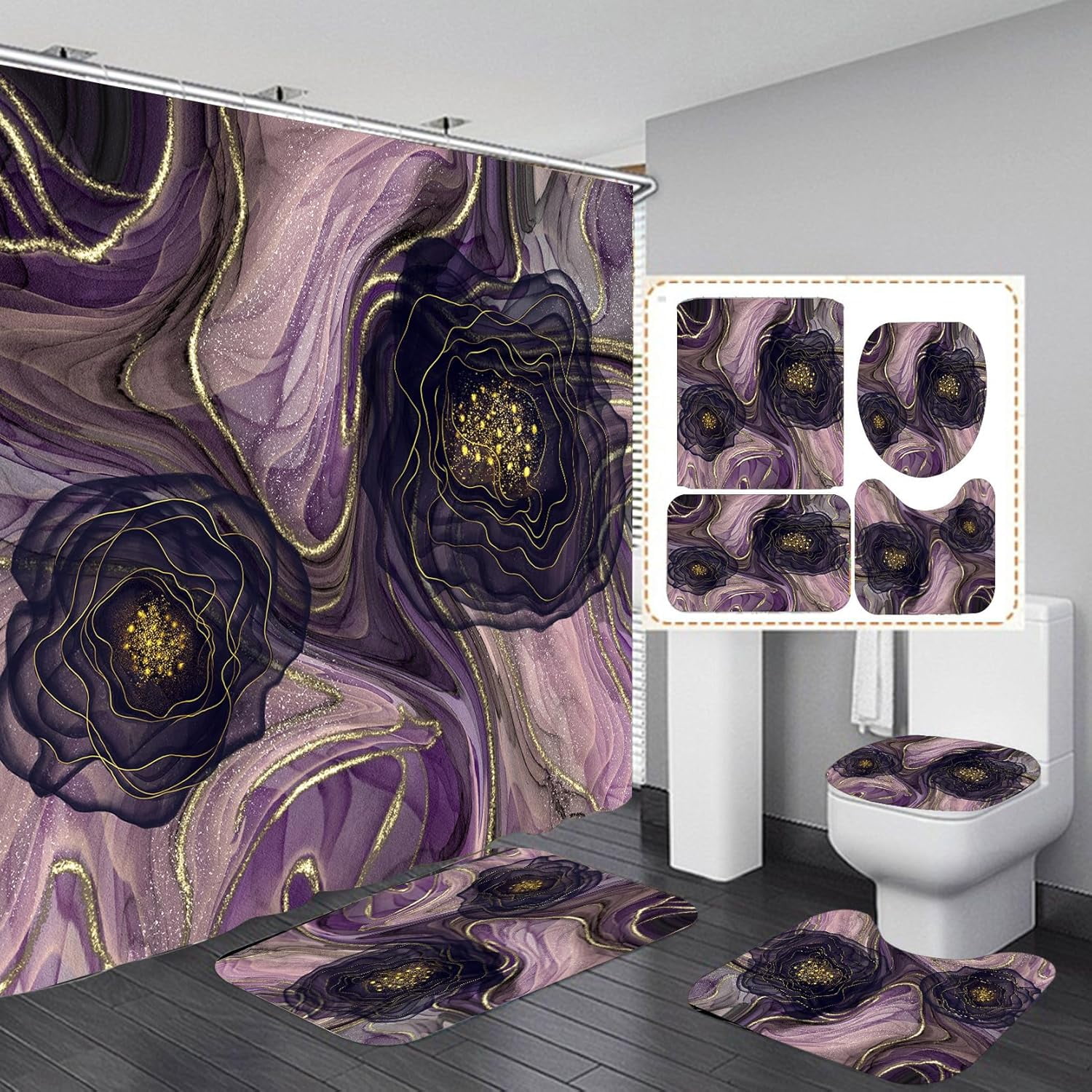 4Pcs Skull Shower Curtain Set, Helloween Red Rose Skull Shower Curtain