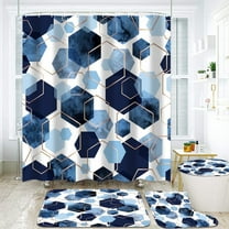 4Pcs Sky Blue Geometric Shower Curtain Set with Navy Blue Abstract Art, 12 Hooks, Bath Mat and Rugs