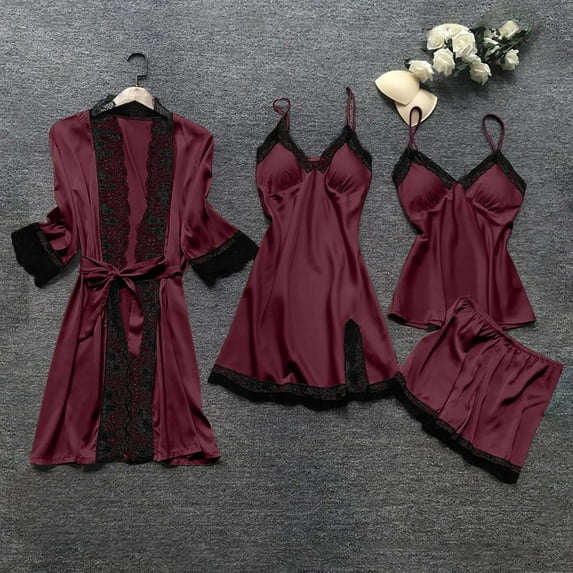 4Pcs Sleepwear for Women Plus Size Solid Color Lace Silk Sleepwear Summer Tie Neck Sleeveless Pajama Sets with Shorts Womens Summer Pajamas