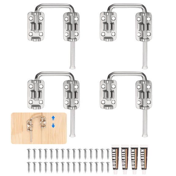 4Pcs Sliding Door Loop Lock Latch, 2.42 Inch Flexible U-Shaped Latch Hook Lock with Screws & Glue for Uneven or Warped Doors Window Barn Garden Fence Increase Home Security, Silver