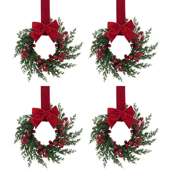 4Pcs Small Christmas Wreaths for Kitchen Cabinets, Mini Christmas Wreaths with Velvet Bow & Red Berries, Artificial Mini Wreaths for Window, Door, Wall, Indoor & Outdoor Holiday Decor