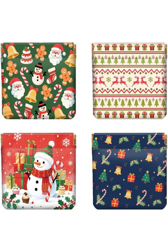 4Pcs Small Leather Squeeze Coin Purse for Women-Christmas Elements Pattern Waterproof Durable Change Pouch Mini Money Wallet Best Gift for Adult Girls