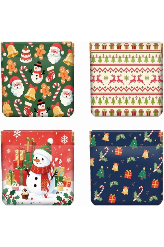 4Pcs Small Leather Squeeze Coin Purse for Women-Christmas Elements Pattern Waterproof & Durable Change Pouch Mini Money Wallet Best Gift for Adult Girls