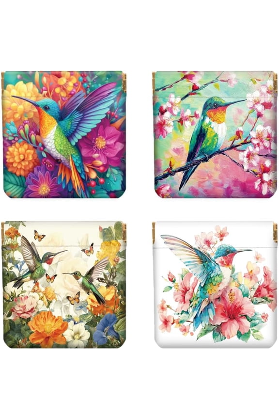 4Pcs Small Leather Squeeze Coin Purse for Women-Hummingbird and Flower Pattern Waterproof Durable Change Pouch Mini Money Wallet Best Gift for Adult Girls