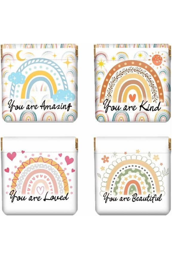 4Pcs Small Leather Squeeze Coin Purse for Women-Rainbow And Text Pattern Waterproof & Durable Change Pouch Mini Money Wallet Best Gift for Adult Girls Imitation Leather