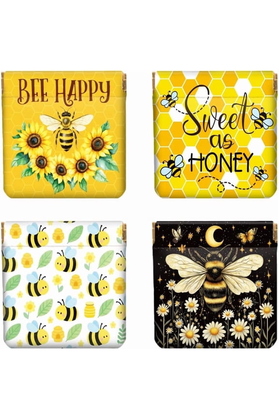4Pcs Small Leather Squeeze Coin Purse for Women-Bees and Flower Pattern Waterproof Durable Change Pouch Mini Money Wallet Best Gift DIY
