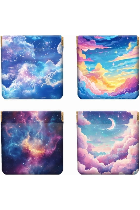 4Pcs Small Leather Squeeze Coin Purse for Women-Clouds And Stars Pattern Waterproof Durable Change Pouch Mini Money Wallet Best Gift for Adult Girls