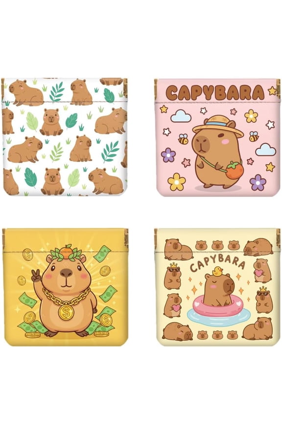 4Pcs Small Leather Squeeze Coin Purse for Women-Cute Capybara Pattern Waterproof & Durable Change Pouch Mini Money WalletBest