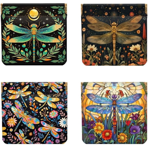 4Pcs Small Leather Squeeze Coin Purse for Women-Dragonfly Pattern Waterproof & Durable Change Pouch Mini Money WalletBest Gift