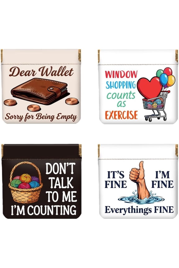 4Pcs Small Leather Squeeze Coin Purse for Women-Fun Slogans Pattern Waterproof & Durable Change Pouch Mini Money WalletBest Gift