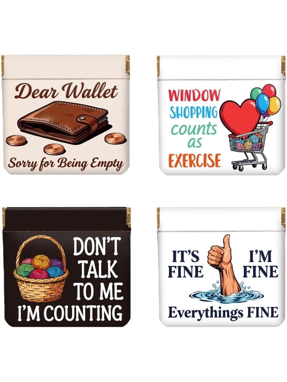 4Pcs Small Leather Squeeze Coin Purse for Women-Fun Slogans Pattern Waterproof & Durable Change Pouch Mini Money WalletBest Gift